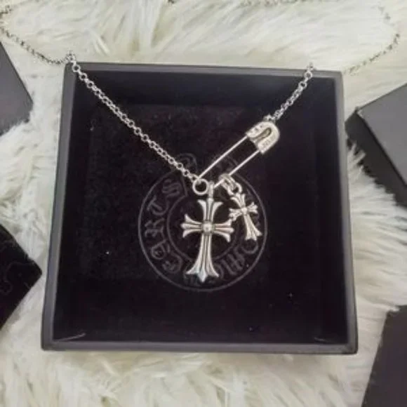 Chrome Hearts 925 Silver Double Cross Necklace Pendant Unisex For Women Men